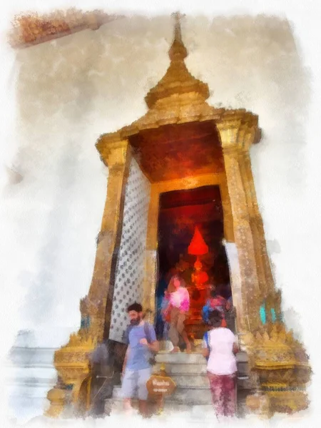 Wat Pho Nun Bangkok Tayland Daki Peyzajı Suluboya Stili Illüstrasyon — Stok fotoğraf