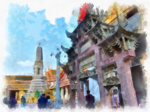 Paisagem Wat Pho Bangkok Tailândia Aquarela Estilo Ilustração Impressionista Pintura — Fotografia de Stock