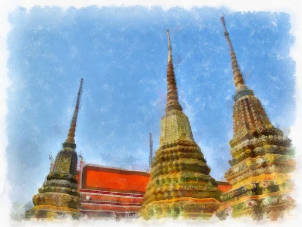 Krajobraz Wat Pho Bangkoku Tajlandia Akwarela Styl Ilustracja Impresjonistyczne Malarstwo — Zdjęcie stockowe