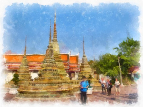Krajina Wat Pho Bangkoku Thajsko Akvarel Styl Ilustrace Impresionistická Malba — Stock fotografie