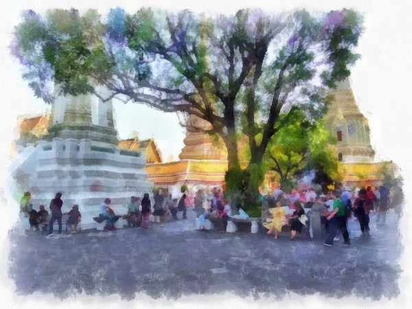 Paesaggio Wat Pho Bangkok Thailandia Acquerello Stile Illustrazione Impressionista Pittura — Foto Stock