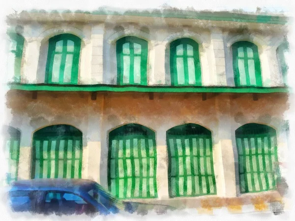 Paisagem Edifícios Antigos Bangkok Tailândia Aquarela Estilo Ilustração Impressionista Pintura — Fotografia de Stock
