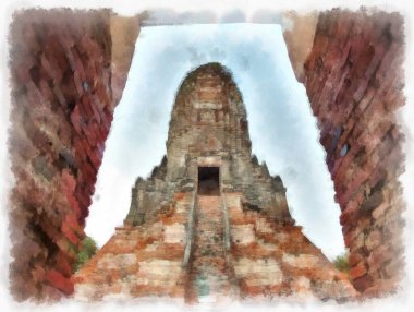 Ayutthaya Dünya Mirası 'ndaki antik harabelerin manzarası suluboya resim empresyonisti.