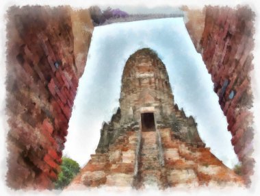Ayutthaya Dünya Mirası 'ndaki antik harabelerin manzarası suluboya resim empresyonisti.