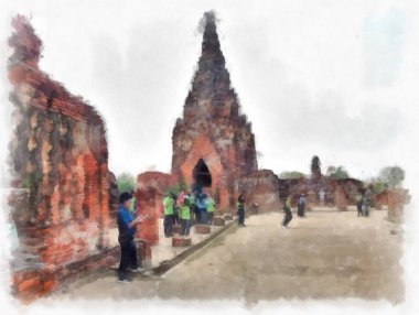 Ayutthaya Dünya Mirası 'ndaki antik harabelerin manzarası suluboya resim empresyonisti.