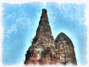 Ayutthaya Dünya Mirası 'ndaki antik harabelerin manzarası suluboya resim empresyonisti.