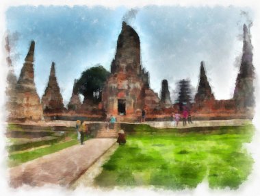 Ayutthaya Dünya Mirası 'ndaki antik harabelerin manzarası suluboya resim empresyonisti.