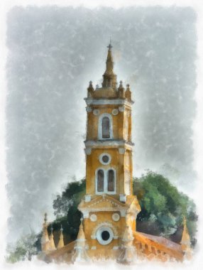 Sarı antik Hıristiyan kilisesinin manzarası suluboya resim çizimi izlenimcisi.