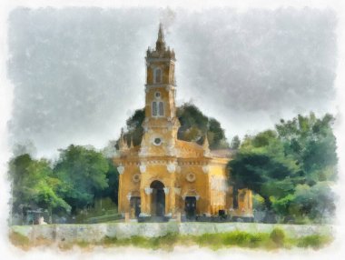 Sarı antik Hıristiyan kilisesinin manzarası suluboya resim çizimi izlenimcisi.