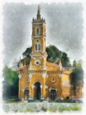 Sarı antik Hıristiyan kilisesinin manzarası suluboya resim çizimi izlenimcisi.