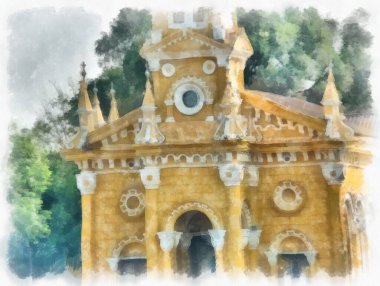 Sarı antik Hıristiyan kilisesinin manzarası suluboya resim çizimi izlenimcisi.