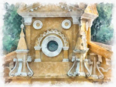 Sarı antik Hıristiyan kilisesinin manzarası suluboya resim çizimi izlenimcisi.