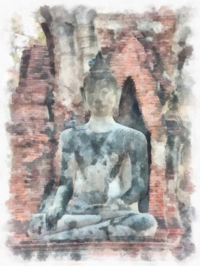 Ayutthaya Dünya Mirası 'ndaki antik harabelerin manzarası suluboya resim empresyonisti.