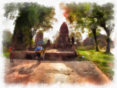 Ayutthaya Dünya Mirası 'ndaki antik harabelerin manzarası suluboya resim empresyonisti.