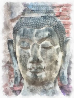 Ayutthaya Dünya Mirası 'ndaki antik harabelerin manzarası suluboya resim empresyonisti.