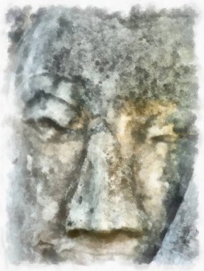 Ayutthaya Dünya Mirası 'ndaki antik harabelerin manzarası suluboya resim empresyonisti.