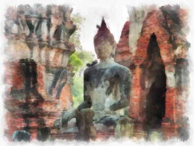Ayutthaya Dünya Mirası 'ndaki antik harabelerin manzarası suluboya resim empresyonisti.
