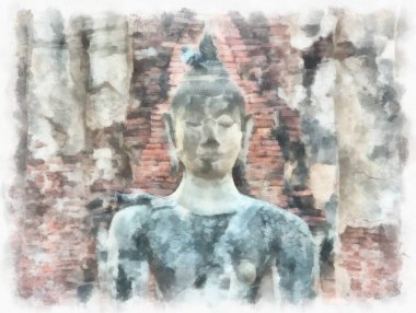 Ayutthaya Dünya Mirası 'ndaki antik harabelerin manzarası suluboya resim empresyonisti.