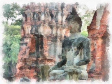 Ayutthaya Dünya Mirası 'ndaki antik harabelerin manzarası suluboya resim empresyonisti.