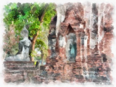 Ayutthaya Dünya Mirası 'ndaki antik harabelerin manzarası suluboya resim empresyonisti.