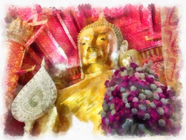 Antik Buda heykeli Luang Pho To ya da Phra Buddha Trai Rattana Nayok stili sanat U-Thong suluboya resim ressamı.