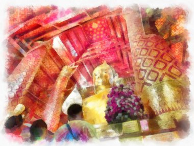 Antik Buda heykeli Luang Pho To ya da Phra Buddha Trai Rattana Nayok stili sanat U-Thong suluboya resim ressamı.