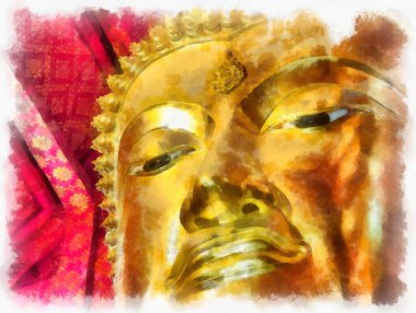 Antik Buda heykeli Luang Pho To ya da Phra Buddha Trai Rattana Nayok stili sanat U-Thong suluboya resim ressamı.