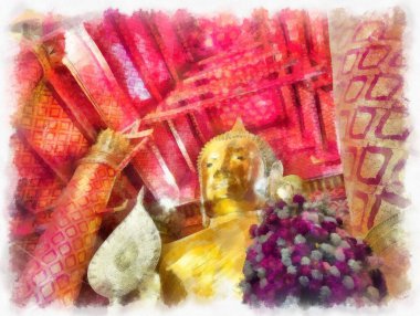 Antik Buda heykeli Luang Pho To ya da Phra Buddha Trai Rattana Nayok stili sanat U-Thong suluboya resim ressamı.