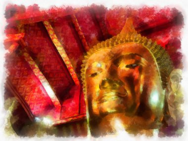 Antik Buda heykeli Luang Pho To ya da Phra Buddha Trai Rattana Nayok stili sanat U-Thong suluboya resim ressamı.