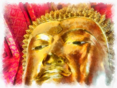 Antik Buda heykeli Luang Pho To ya da Phra Buddha Trai Rattana Nayok stili sanat U-Thong suluboya resim ressamı.