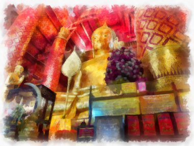 Antik Buda heykeli Luang Pho To ya da Phra Buddha Trai Rattana Nayok stili sanat U-Thong suluboya resim ressamı.