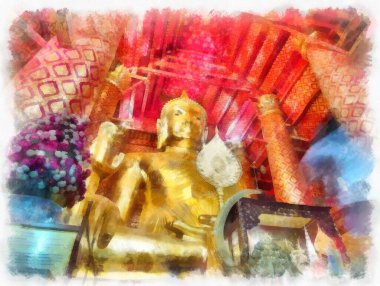 Antik Buda heykeli Luang Pho To ya da Phra Buddha Trai Rattana Nayok stili sanat U-Thong suluboya resim ressamı.