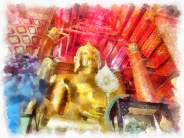 Antik Buda heykeli Luang Pho To ya da Phra Buddha Trai Rattana Nayok stili sanat U-Thong suluboya resim ressamı.