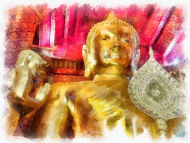 Antik Buda heykeli Luang Pho To ya da Phra Buddha Trai Rattana Nayok stili sanat U-Thong suluboya resim ressamı.