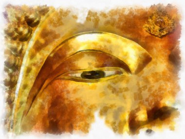 Antik Buda heykeli Luang Pho To ya da Phra Buddha Trai Rattana Nayok stili sanat U-Thong suluboya resim ressamı.