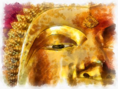 Antik Buda heykeli Luang Pho To ya da Phra Buddha Trai Rattana Nayok stili sanat U-Thong suluboya resim ressamı.