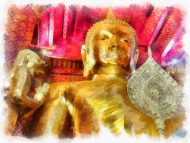 Antik Buda heykeli Luang Pho To ya da Phra Buddha Trai Rattana Nayok stili sanat U-Thong suluboya resim ressamı.