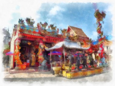 Eski Çin tapınağı suluboya stili illüstrasyon ressamı.