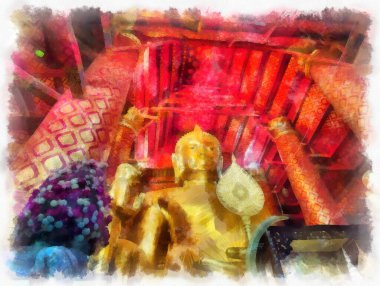 Antik Buda heykeli Luang Pho To ya da Phra Buddha Trai Rattana Nayok stili sanat U-Thong suluboya resim ressamı.