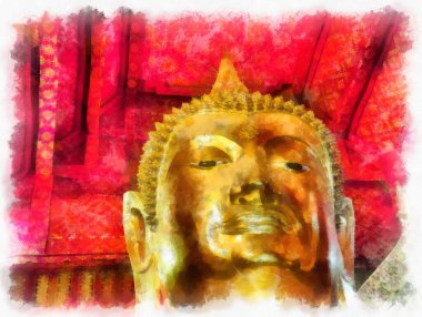 Antik Buda heykeli Luang Pho To ya da Phra Buddha Trai Rattana Nayok stili sanat U-Thong suluboya resim ressamı.