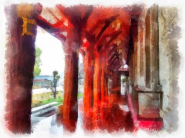 Tayland geleneksel mimari balkonu suluboya resim çizimi.