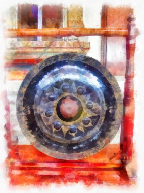 büyük antik müzik enstrümanı suluboya stili çizim izlenimcisi.