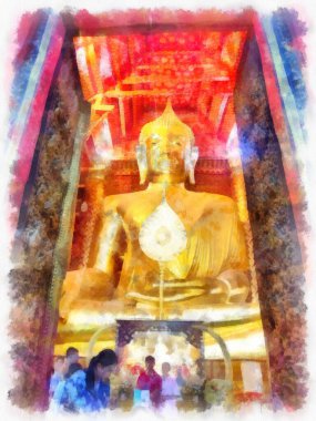 Antik Buda heykeli Luang Pho To ya da Phra Buddha Trai Rattana Nayok stili sanat U-Thong suluboya resim ressamı.