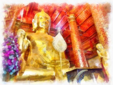 Antik Buda heykeli Luang Pho To ya da Phra Buddha Trai Rattana Nayok stili sanat U-Thong suluboya resim ressamı.