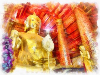 Antik Buda heykeli Luang Pho To ya da Phra Buddha Trai Rattana Nayok stili sanat U-Thong suluboya resim ressamı.