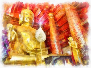 Antik Buda heykeli Luang Pho To ya da Phra Buddha Trai Rattana Nayok stili sanat U-Thong suluboya resim ressamı.