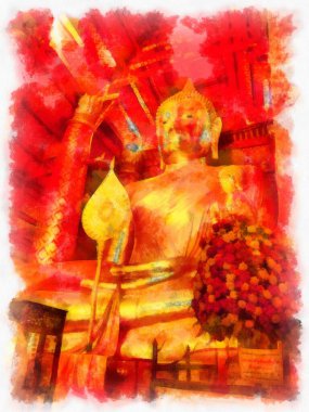 Antik Buda heykeli Luang Pho To ya da Phra Buddha Trai Rattana Nayok stili sanat U-Thong suluboya resim ressamı.