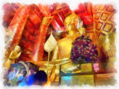 Antik Buda heykeli Luang Pho To ya da Phra Buddha Trai Rattana Nayok stili sanat U-Thong suluboya resim ressamı.