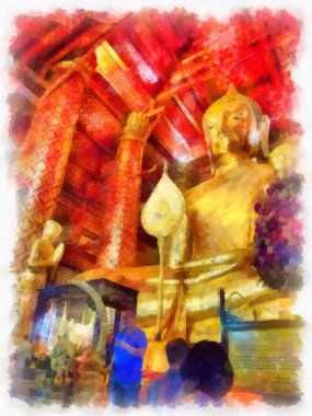 Antik Buda heykeli Luang Pho To ya da Phra Buddha Trai Rattana Nayok stili sanat U-Thong suluboya resim ressamı.