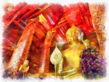 Antik Buda heykeli Luang Pho To ya da Phra Buddha Trai Rattana Nayok stili sanat U-Thong suluboya resim ressamı.